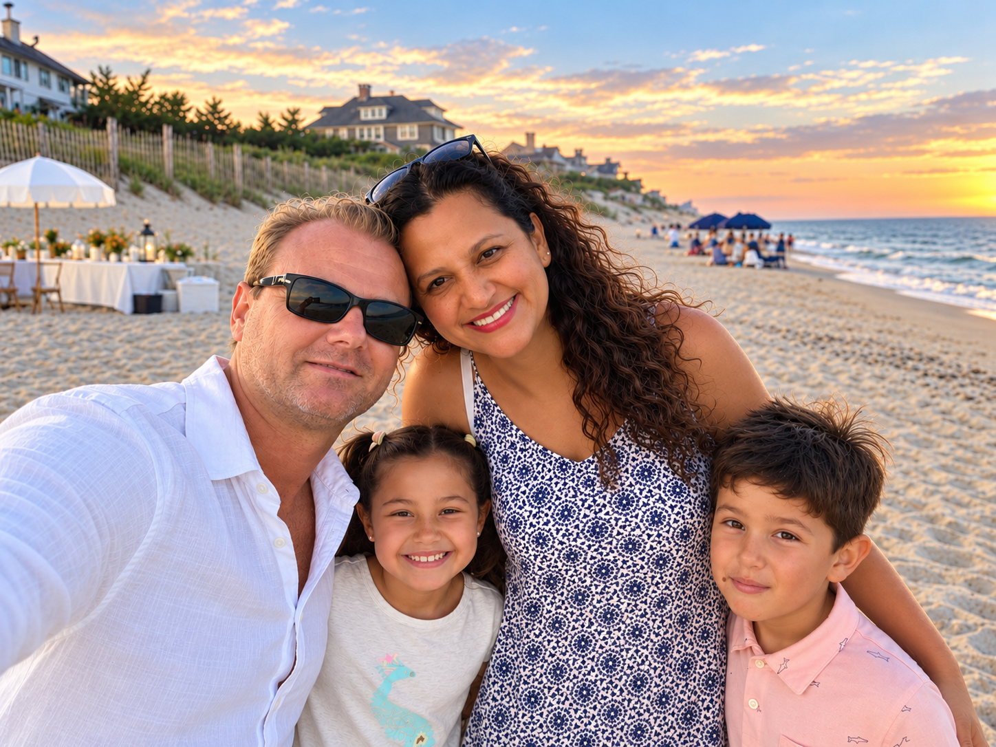 Family taking a selfie together on the beach at sunset